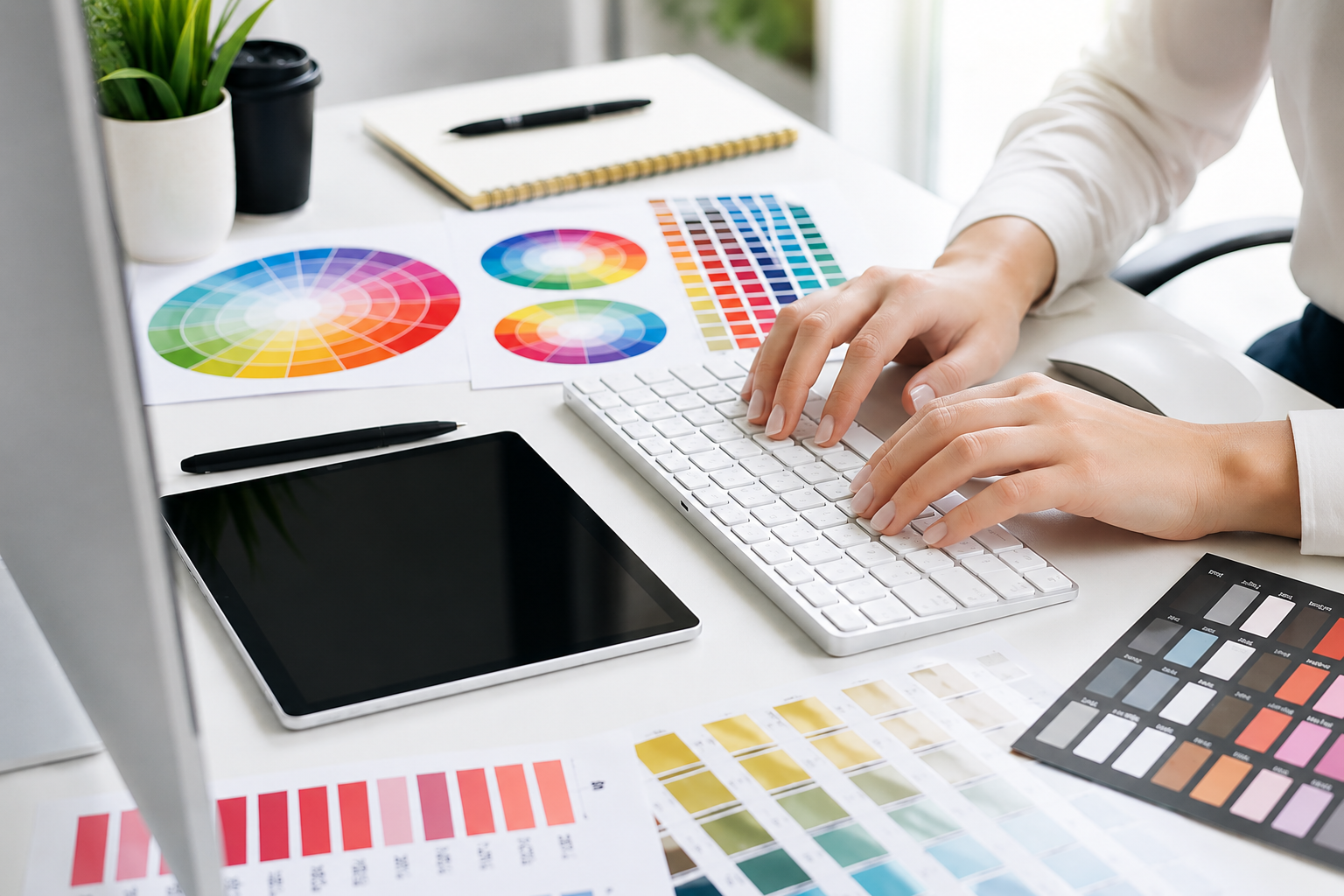 Strategic website development workspace with keyboard, color palettes, and branding materials used to create custom WordPress websites for business growth.